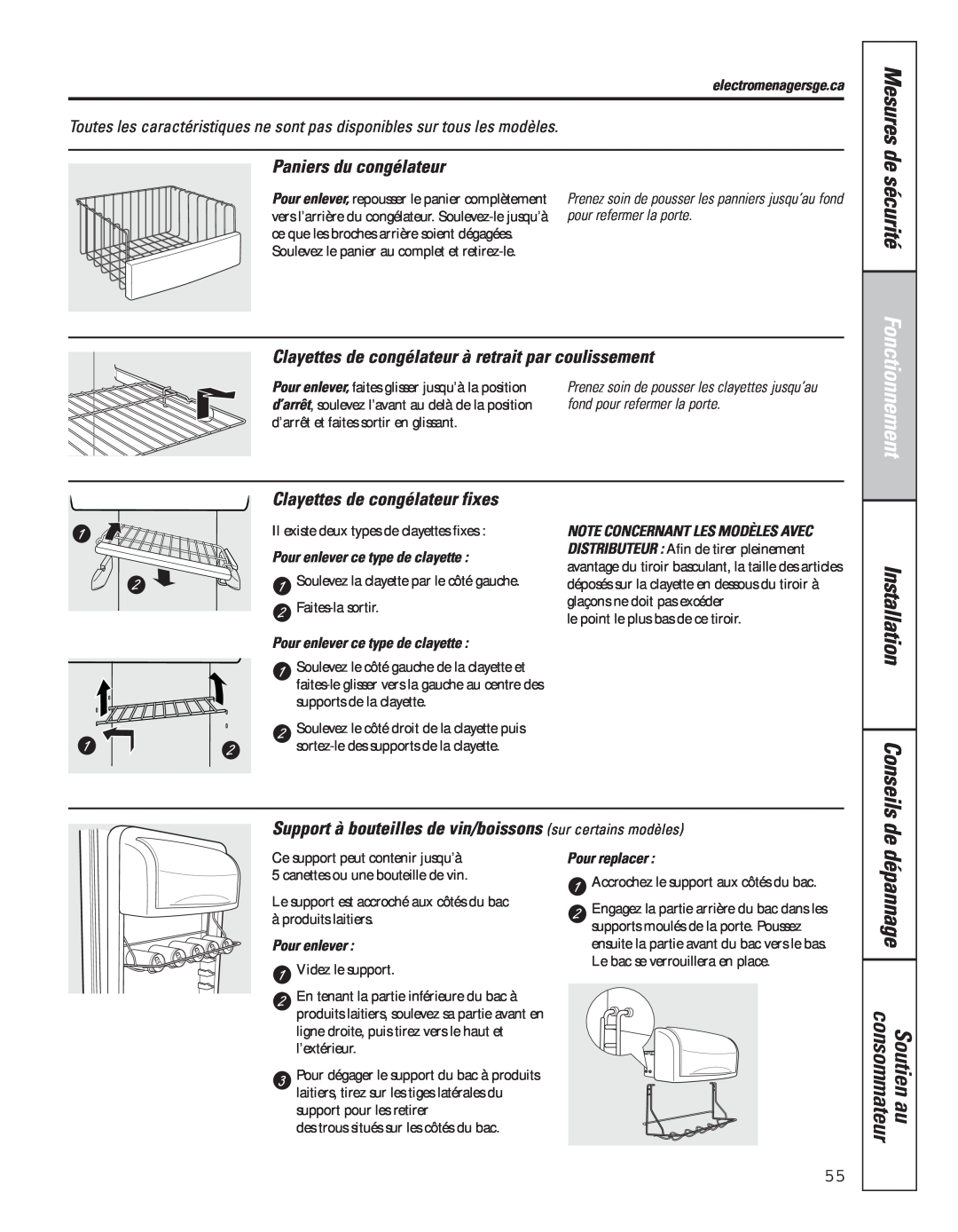 GE 200D8074P043 Conseils, Paniers du congélateur, Clayettes de congélateur à retrait par coulissement, Mesures de sécurité 