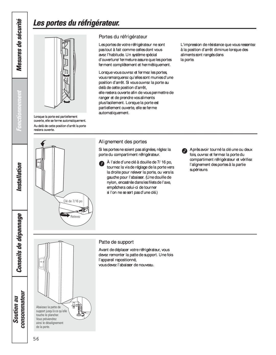 GE 49-60637 manual Les portes du réfrigérateur, Mesures de, Fonctionnement, Portes du réfrigérateur, Alignement des portes 