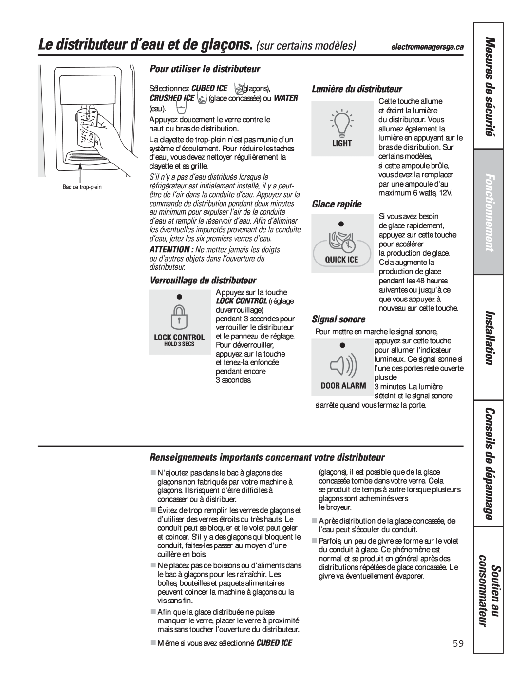 GE 200D8074P043 manual Le distributeur d’eau et de glaçons. sur certains modèles, dépannage, Pour utiliser le distributeur 