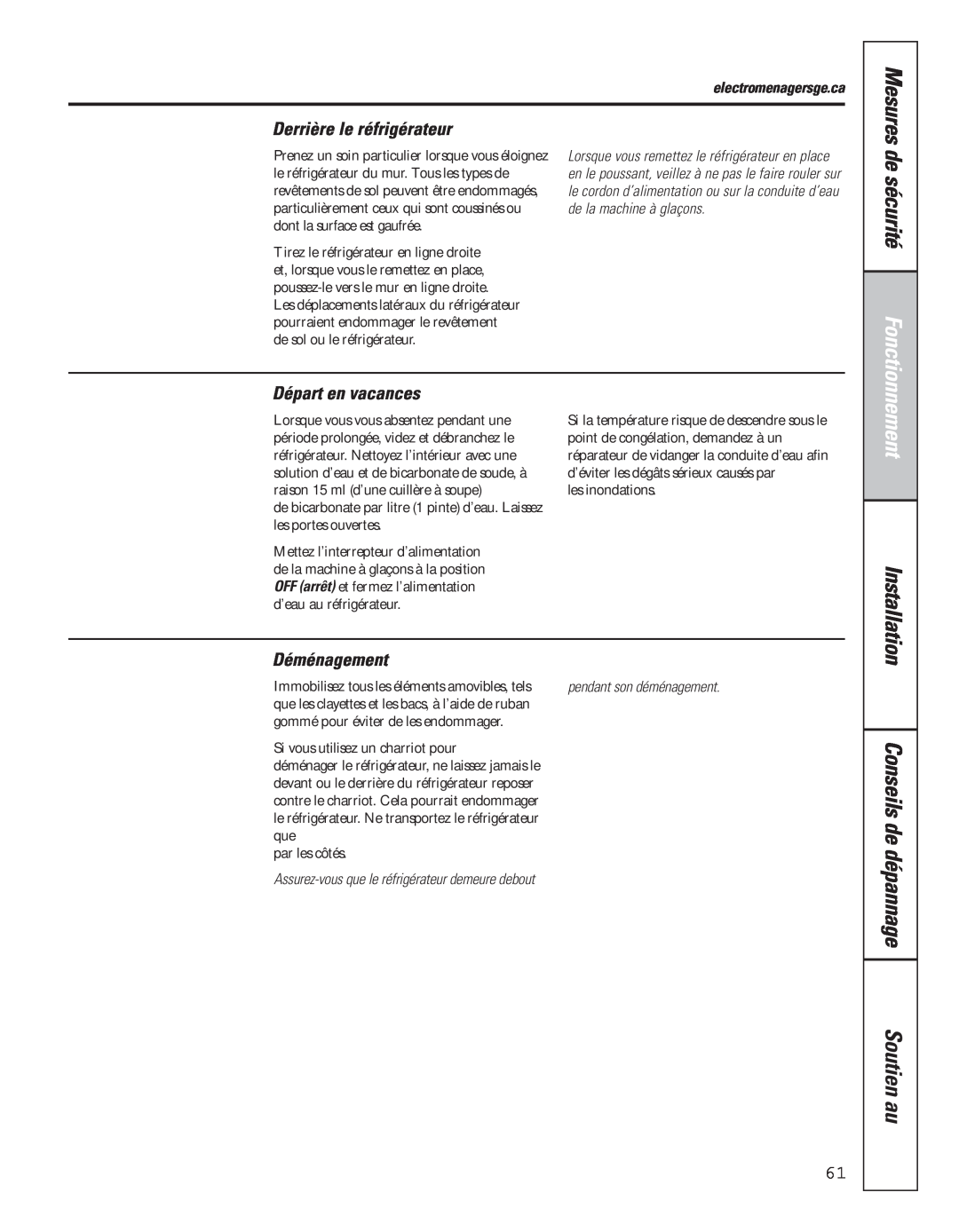 GE 200D8074P043 Conseils de dépannage Soutien au, Derrière le réfrigérateur, Départ en vacances, Déménagement, de sécurité 