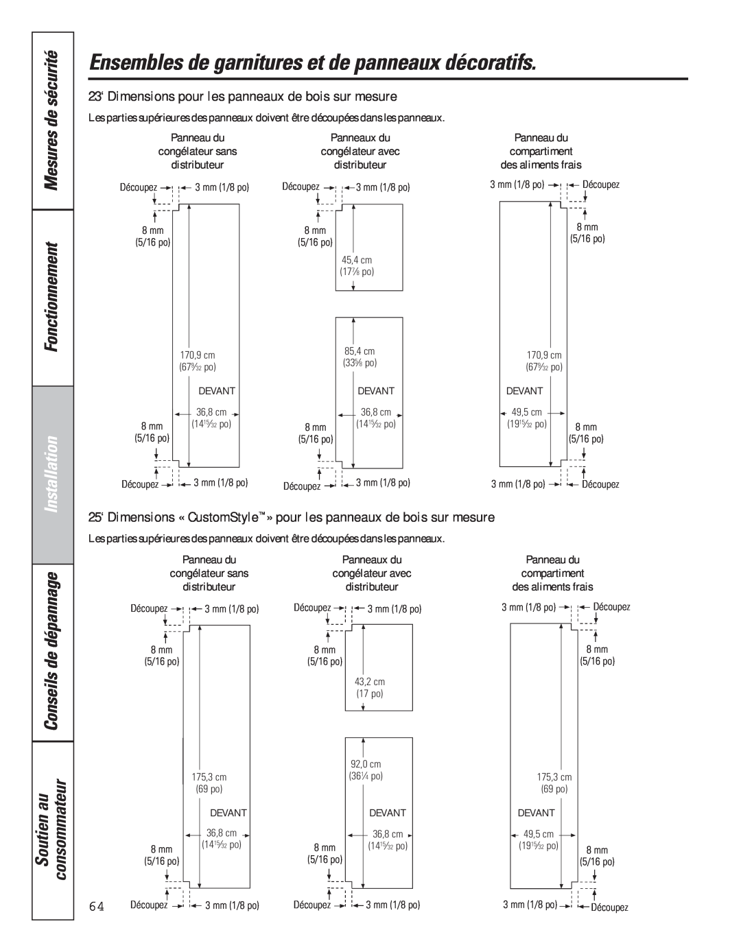 GE 49-60637 manual Mesures, 23‘ Dimensions pour les panneaux de bois sur mesure, de sécurité, Fonctionnement, Installation 