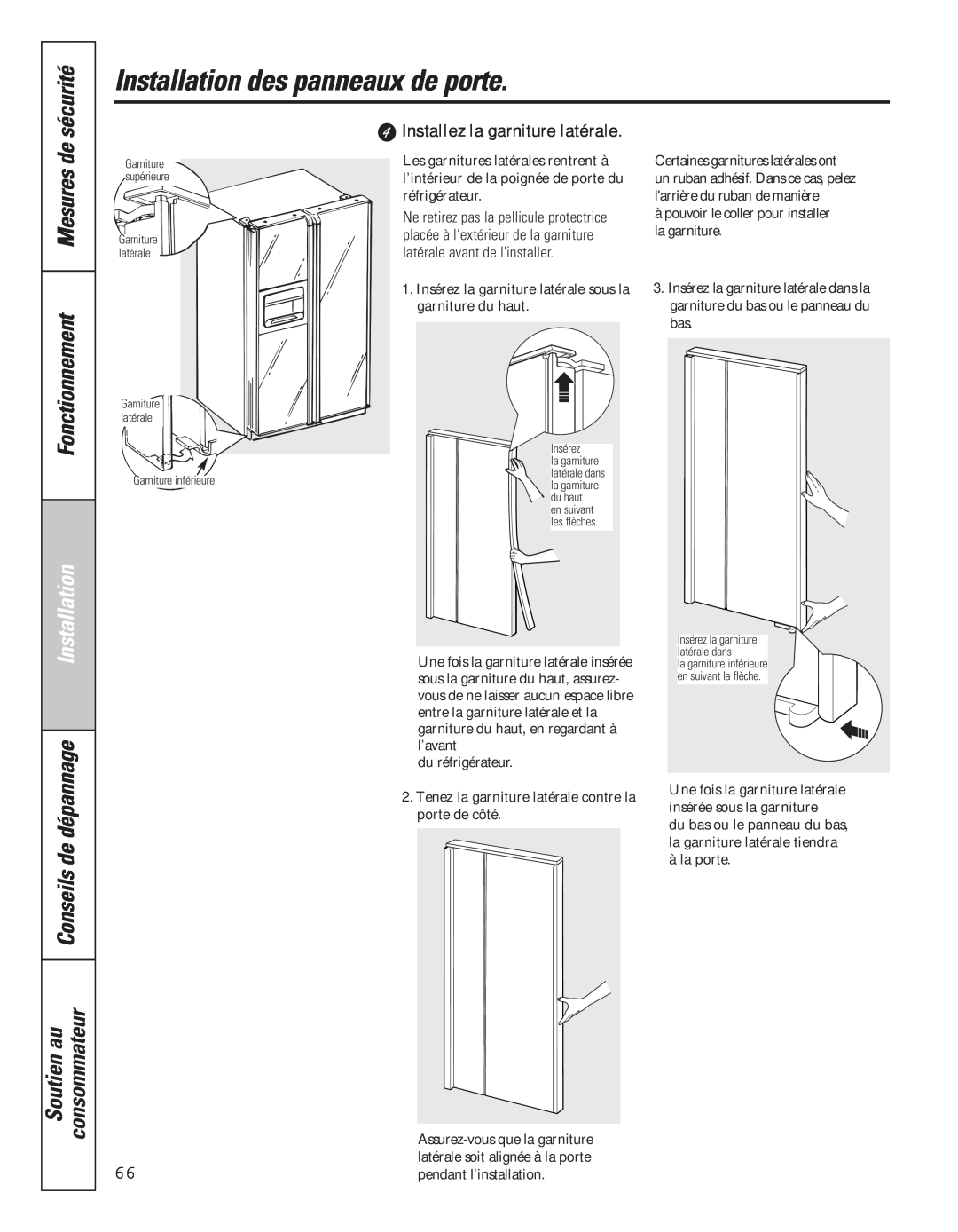 GE 49-60637 Installez la garniture latérale, Installation des panneaux de porte, sécurité, Fonctionnement, Mesures de 