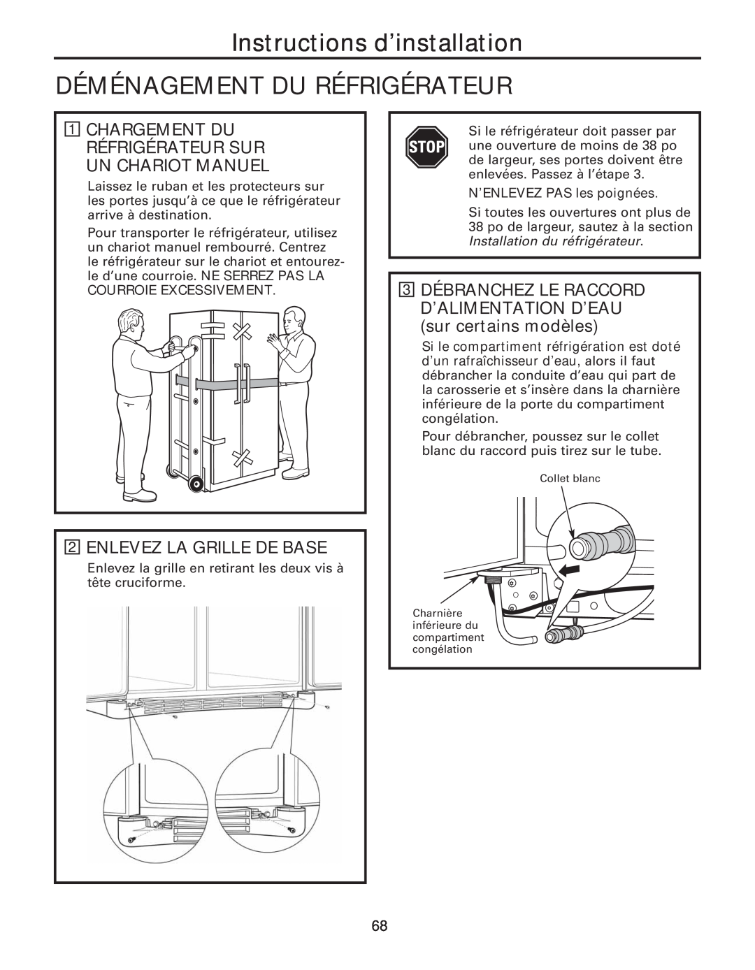 GE 49-60637 Instructions d’installation DÉMÉNAGEMENT DU RÉFRIGÉRATEUR, Chargement Du Réfrigérateur Sur Un Chariot Manuel 
