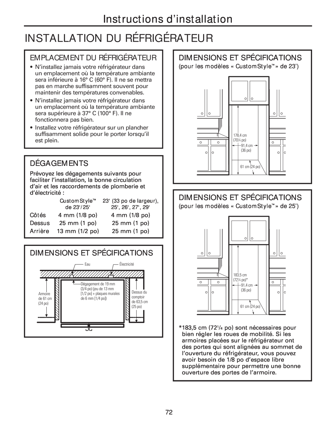 GE 49-60637 Instructions d’installation INSTALLATION DU RÉFRIGÉRATEUR, Emplacement Du Réfrigérateur, Dégagements, Côtés 
