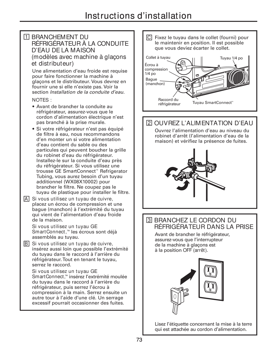 GE 200D8074P043 modèles avec machine à glaçons et distributeur, Ouvrez L’Alimentation D’Eau, Instructions d’installation 