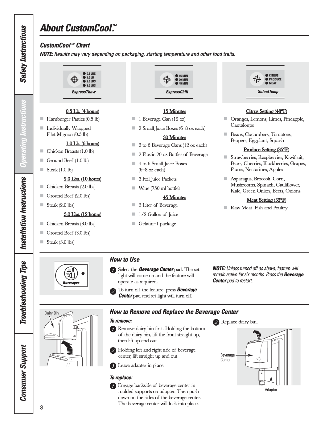 GE 49-60637 manual About CustomCool, Consumer Support, Installation Instructions Operating Instructions, CustomCool Chart 