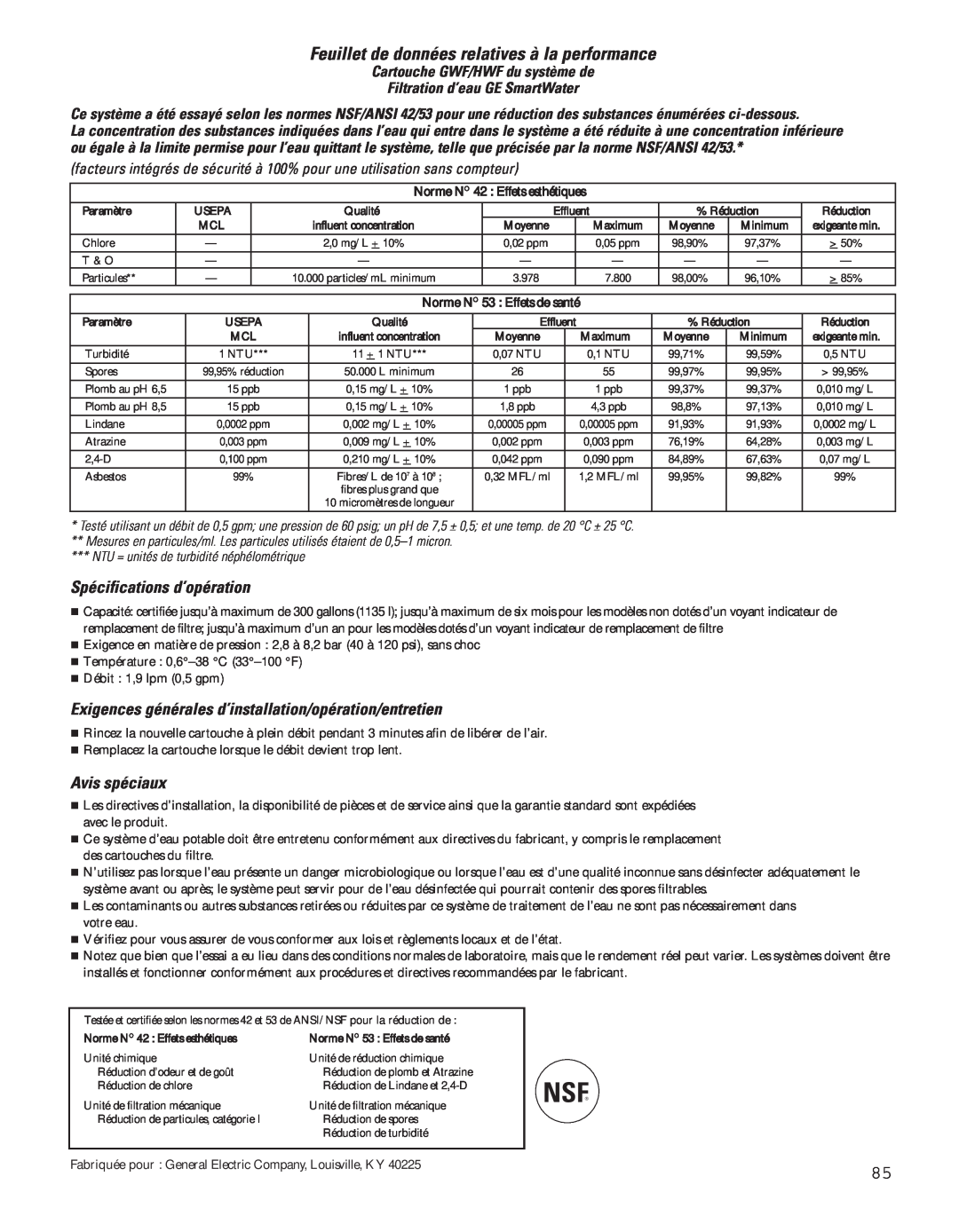 GE 200D8074P043, 49-60637 manual Feuillet de données relatives à la performance, Spécifications d’opération, Avis spéciaux 