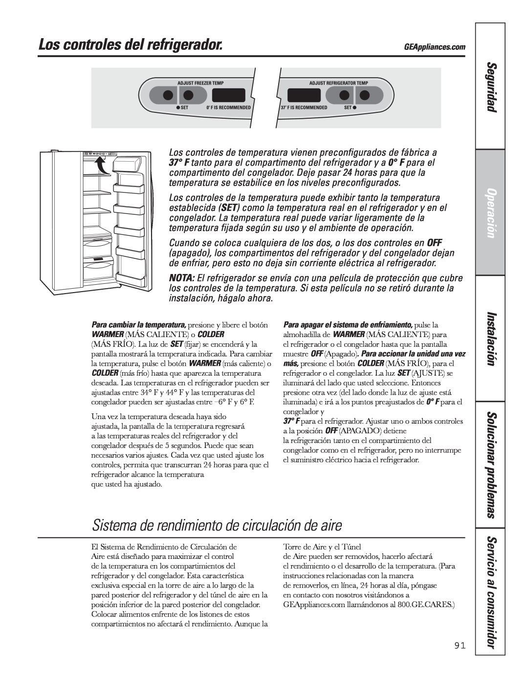 GE 200D8074P043 manual Los controles del refrigerador, Sistema de rendimiento de circulación de aire, Seguridad, Operación 