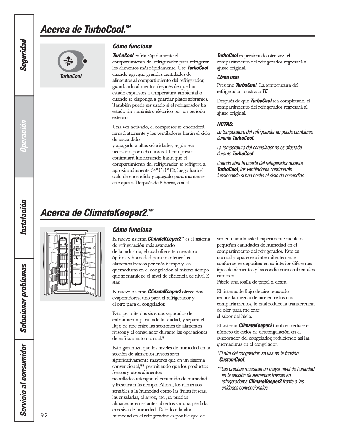 GE 49-60637, 200D8074P043 Acerca de TurboCool, Acerca de ClimateKeeper2, Seguridad, Instalación, Cómo funciona, Operación 