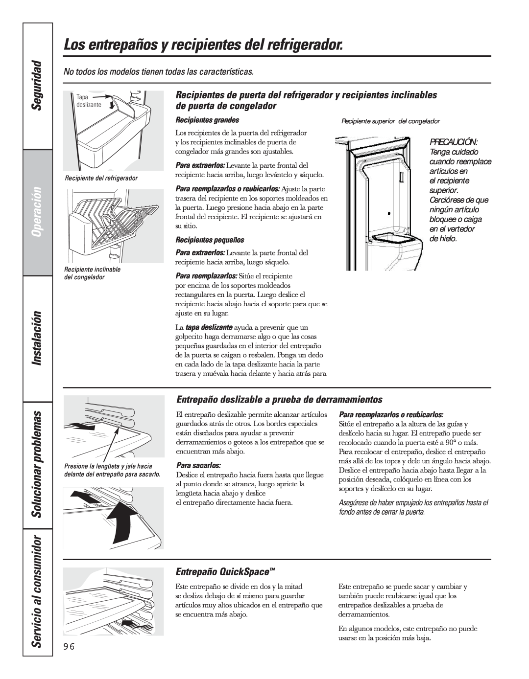 GE 49-60637 Los entrepaños y recipientes del refrigerador, Servicio al, Entrepaño deslizable a prueba de derramamientos 