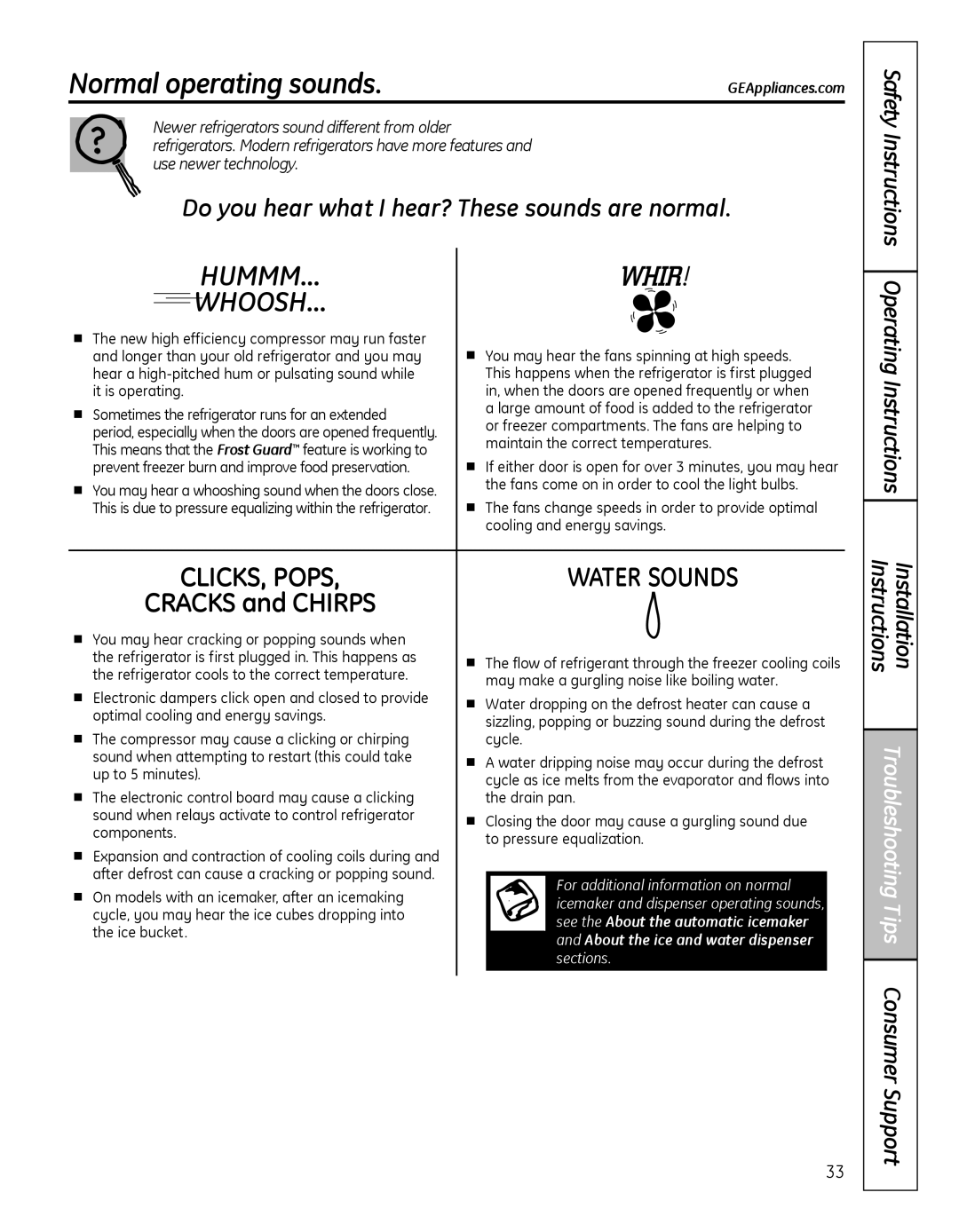 GE 49-60639, PSHS6MGZSS, 200D8074P046 Normal operating sounds, Troubleshooting Tips Consumer Support 