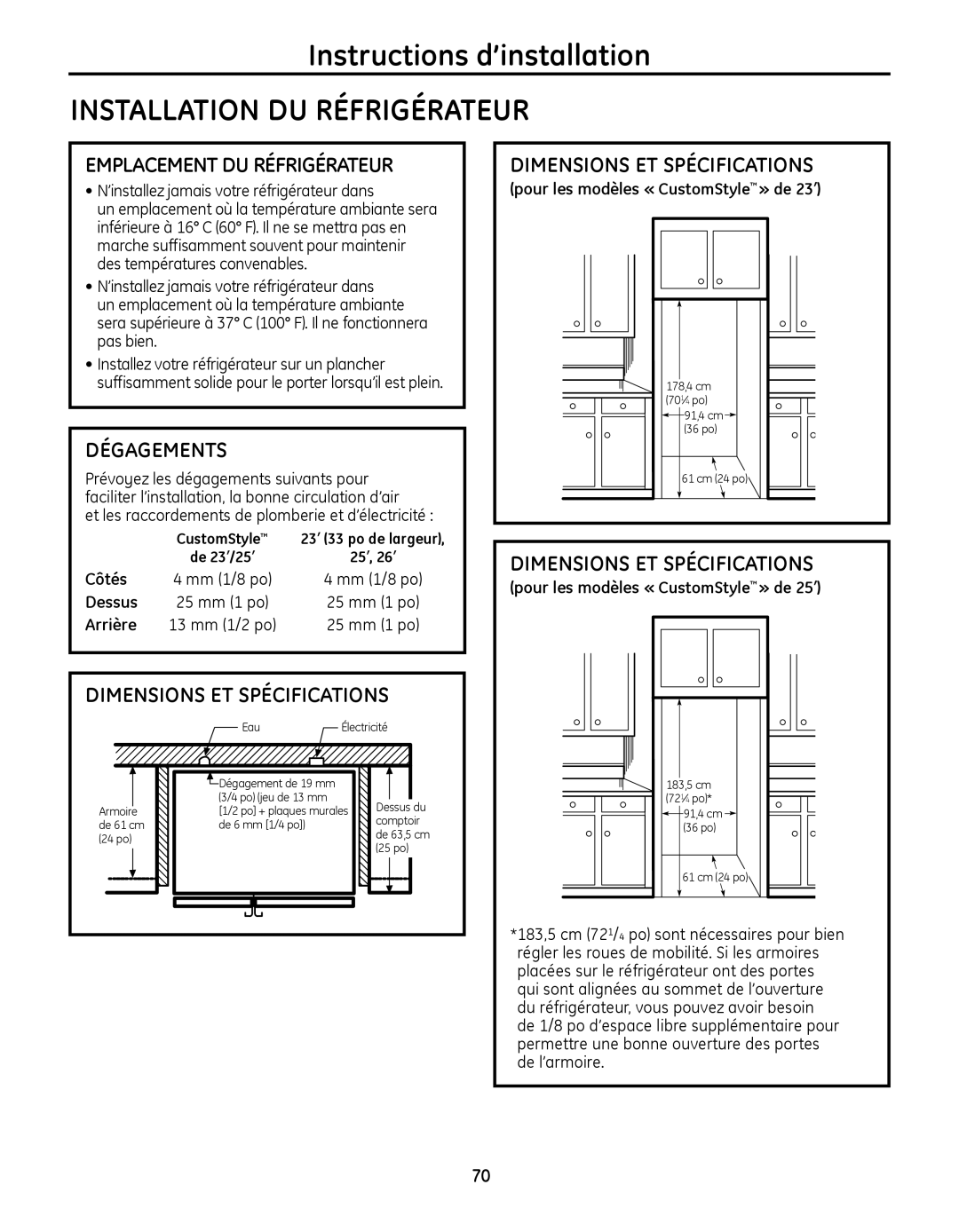 GE PSHS6MGZSS Installation DU Réfrigérateur, Emplacement DU Réfrigérateur, Dégagements, Dimensions ET Spécifications 