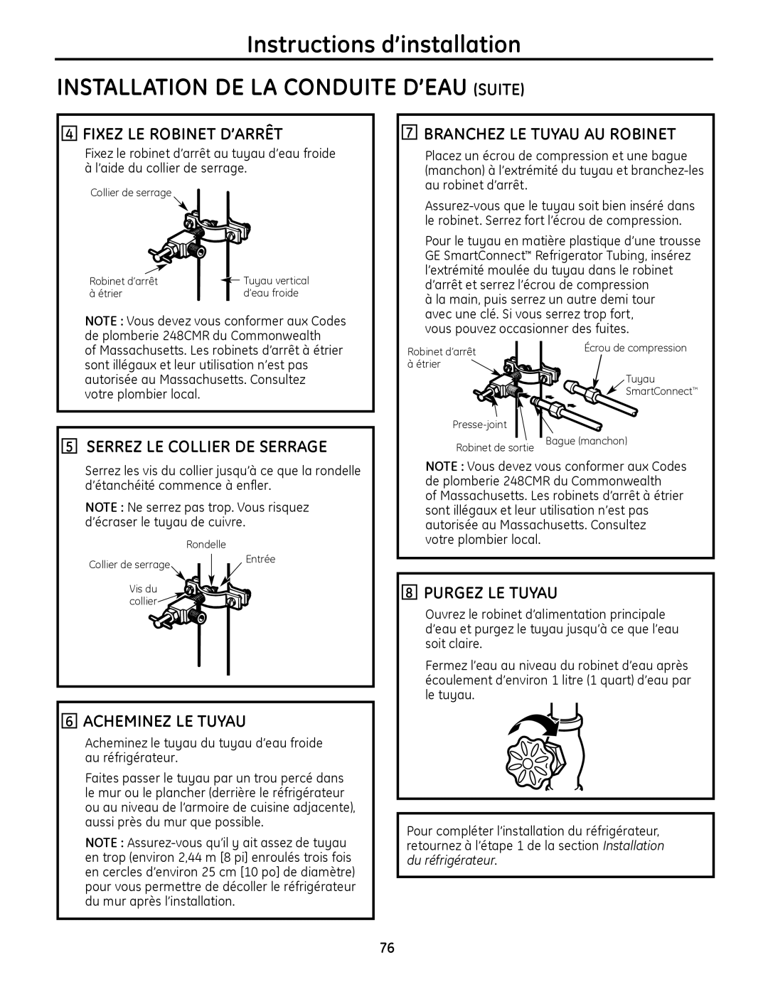 GE PSHS6MGZSS, 49-60639, 200D8074P046 installation instructions Installation DE LA Conduite D’EAU Suite 