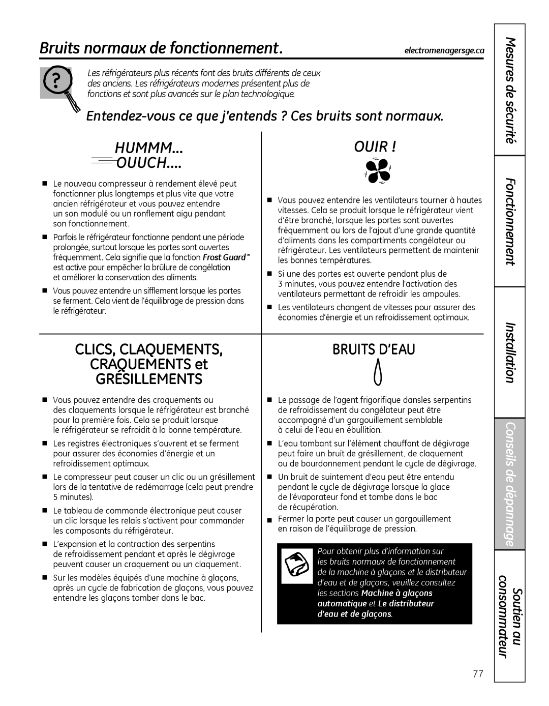 GE 200D8074P046, 49-60639, PSHS6MGZSS installation instructions Bruits normaux de fonctionnement, CLICS, Claquements 