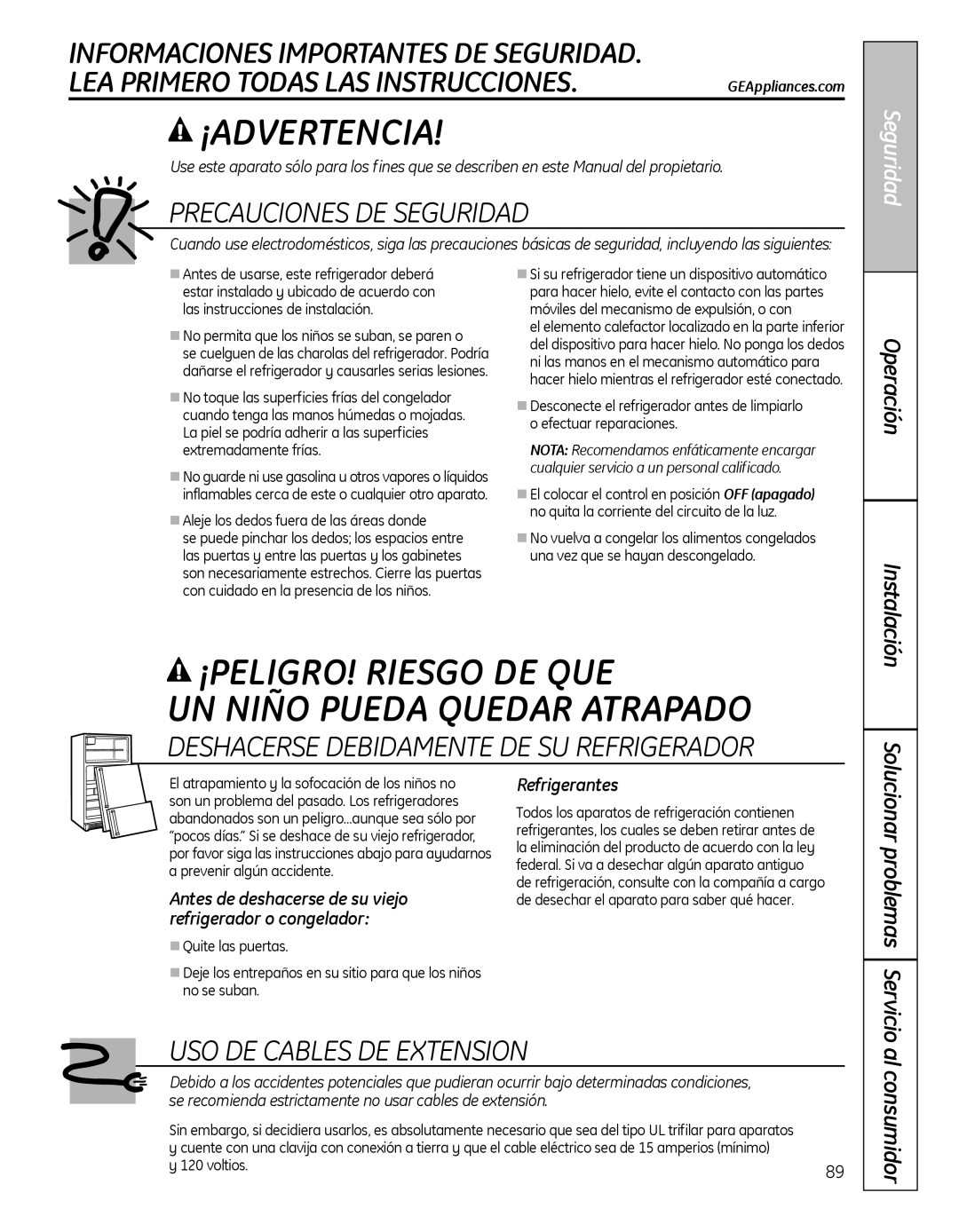 GE 200D8074P046, 49-60639, PSHS6MGZSS Seguridad, Al consumidor, Refrigerantes, Instalación, Solucionar problemas Servicio 