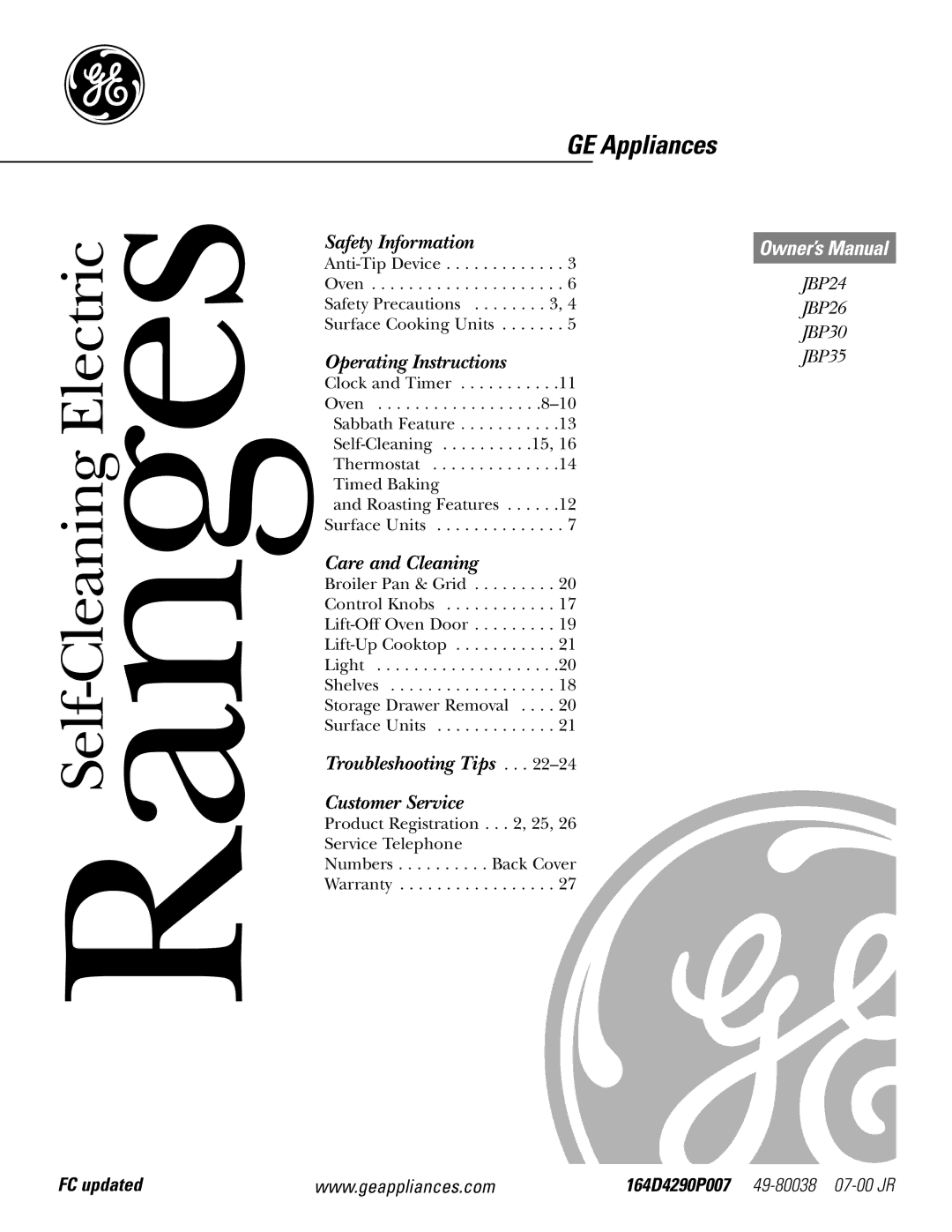 GE 164D4290P007, 49-80038 owner manual RangesSelf-Cleaning Electric, FC updated 