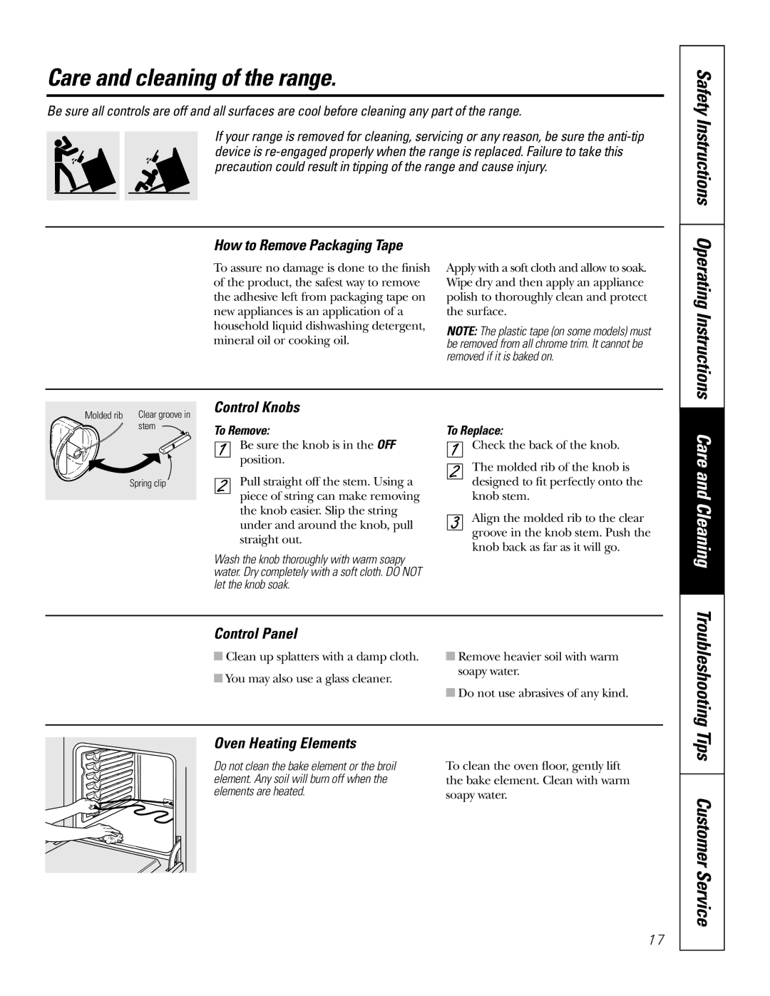 GE 164D4290P007, 49-80038 Care and cleaning of the range, Care and Cleaning, Troubleshooting Tips Customer Service 