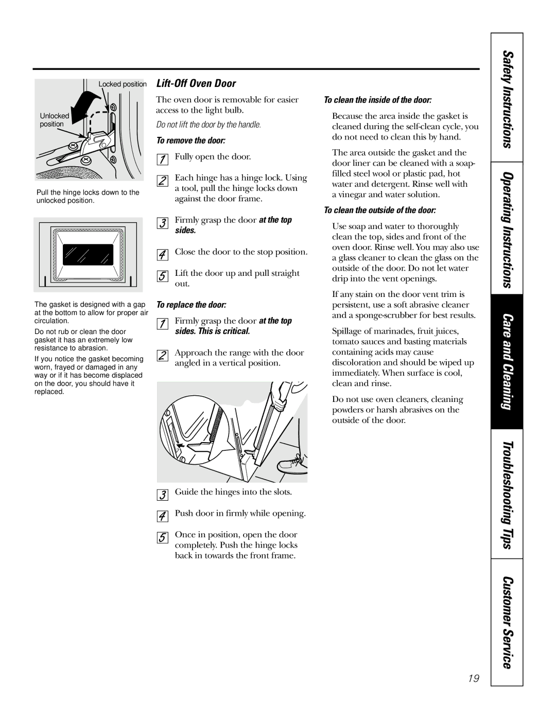 GE 164D4290P007, 49-80038 Lift-Off Oven Door, To remove the door, To replace the door, To clean the inside of the door 