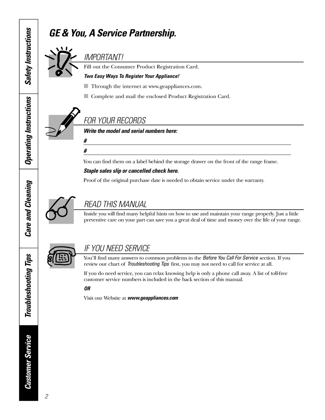 GE 49-80038, 164D4290P007 owner manual GE & You, a Service Partnership, Two Easy Ways To Register Your Appliance 