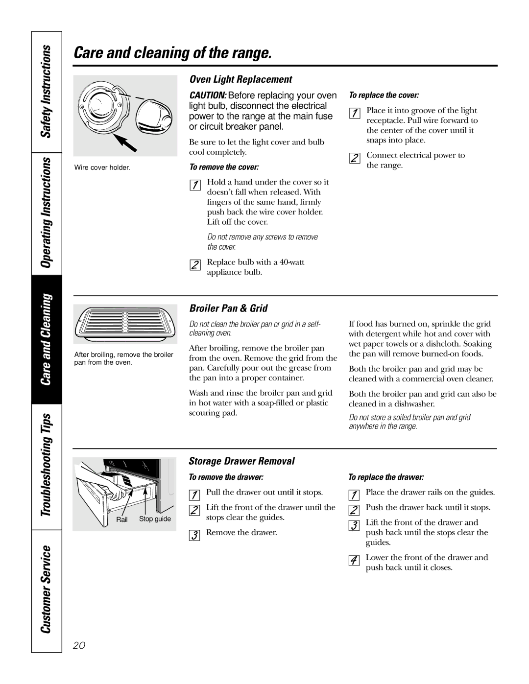 GE 49-80038 owner manual Operating Instructions Safety, Tips Care and Cleaning, Oven Light Replacement, Broiler Pan & Grid 