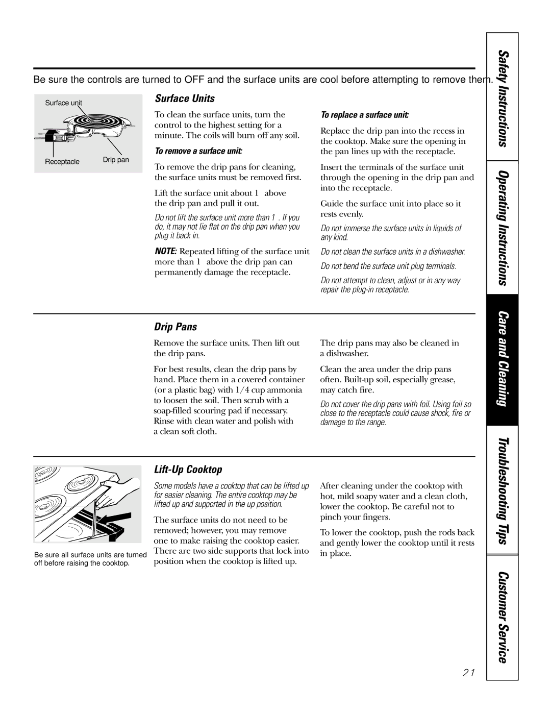 GE 164D4290P007, 49-80038 owner manual Cleaning, Surface Units, Drip Pans, Lift-Up Cooktop 