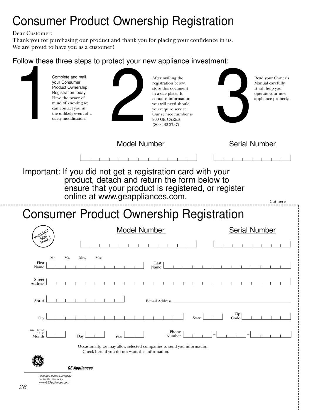 GE 49-80038, 164D4290P007 owner manual Consumer Product Ownership Registration 