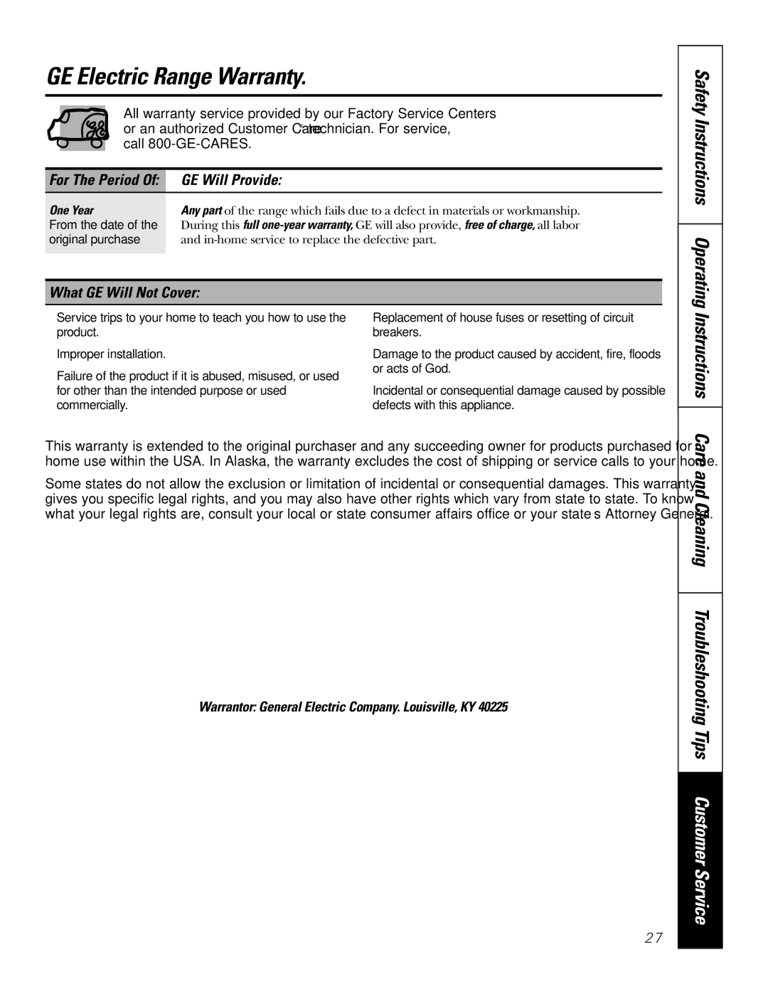 GE 164D4290P007 GE Electric Range Warranty, Care and Cleaning Troubleshooting Tips Customer Service, GE Will Provide 