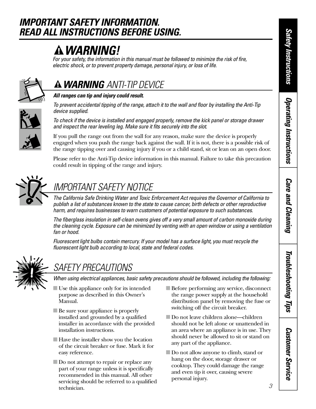 GE 164D4290P007, 49-80038 owner manual Tips Customer Service, All ranges can tip and injury could result 