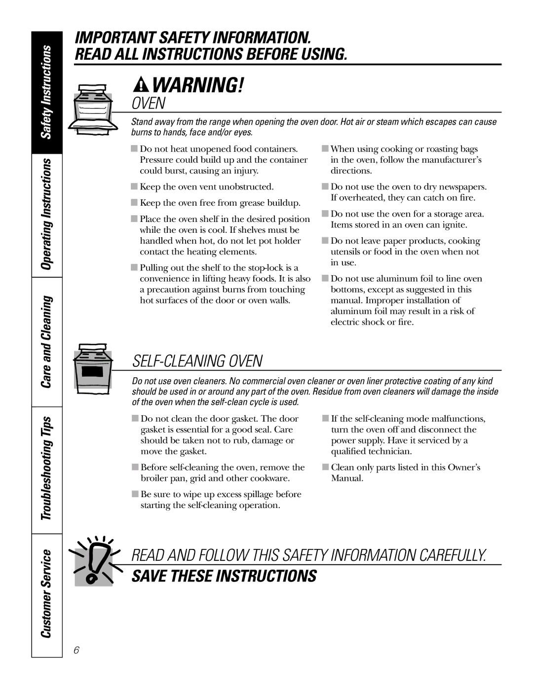 GE 49-80038, 164D4290P007 owner manual Safety Instructions, Care, Customer Service, Cleaning Operating Instructions 