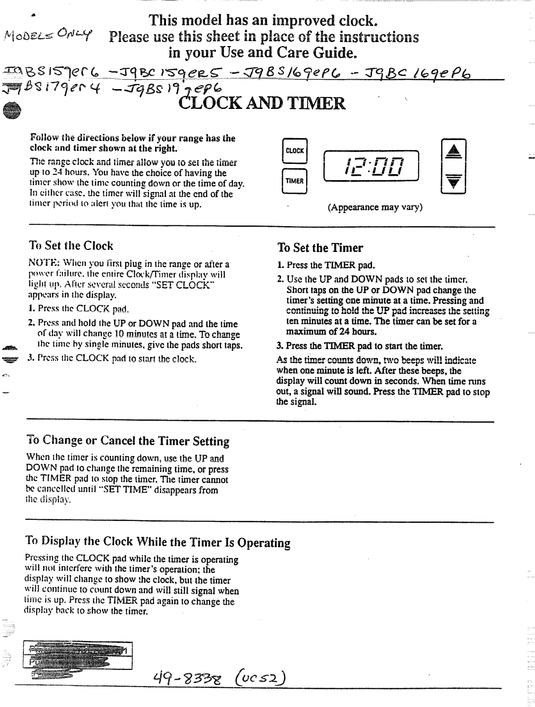 GE 49-8338 To Cilange or cancel the Timer setting, To Set the Timer, To Display tl~e Clock While tl~eTimer Is Operating 