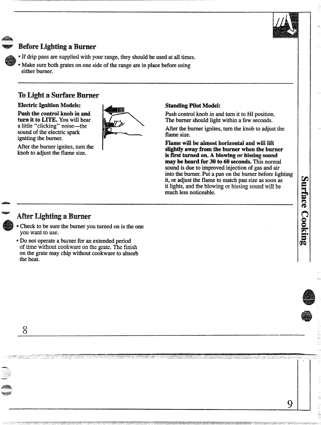 GE 49-8338 Before Lighting a Burner, To Light a Sutiace Burner, After Lighting a Burner, StandingPilotMtiel 