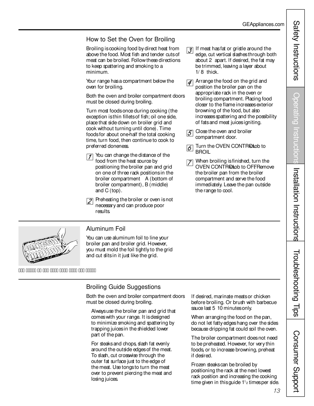 GE 183D5580P236, 49-85154 manual Safety, Tips Consumer Support, How to Set the Oven for Broiling, Broiling Guide Suggestions 