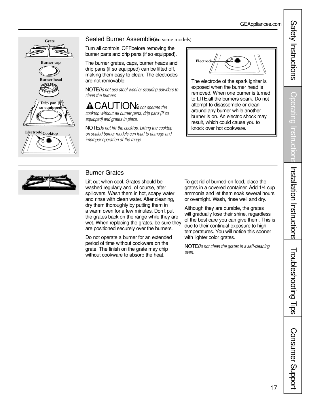 GE 183D5580P236, 49-85154 manual Burner Grates, Sealed Burner Assemblies on some models 