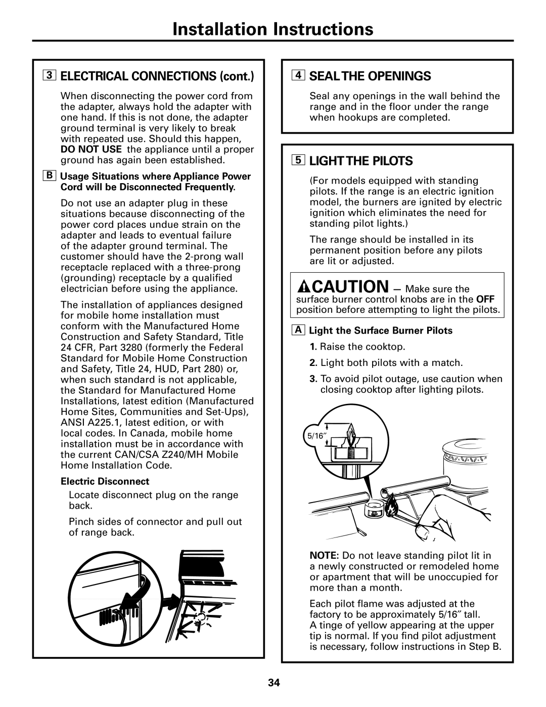 GE 49-85154, 183D5580P236 manual Sealthe Openings, Lightthe Pilots, Electric Disconnect, Light the Surface Burner Pilots 