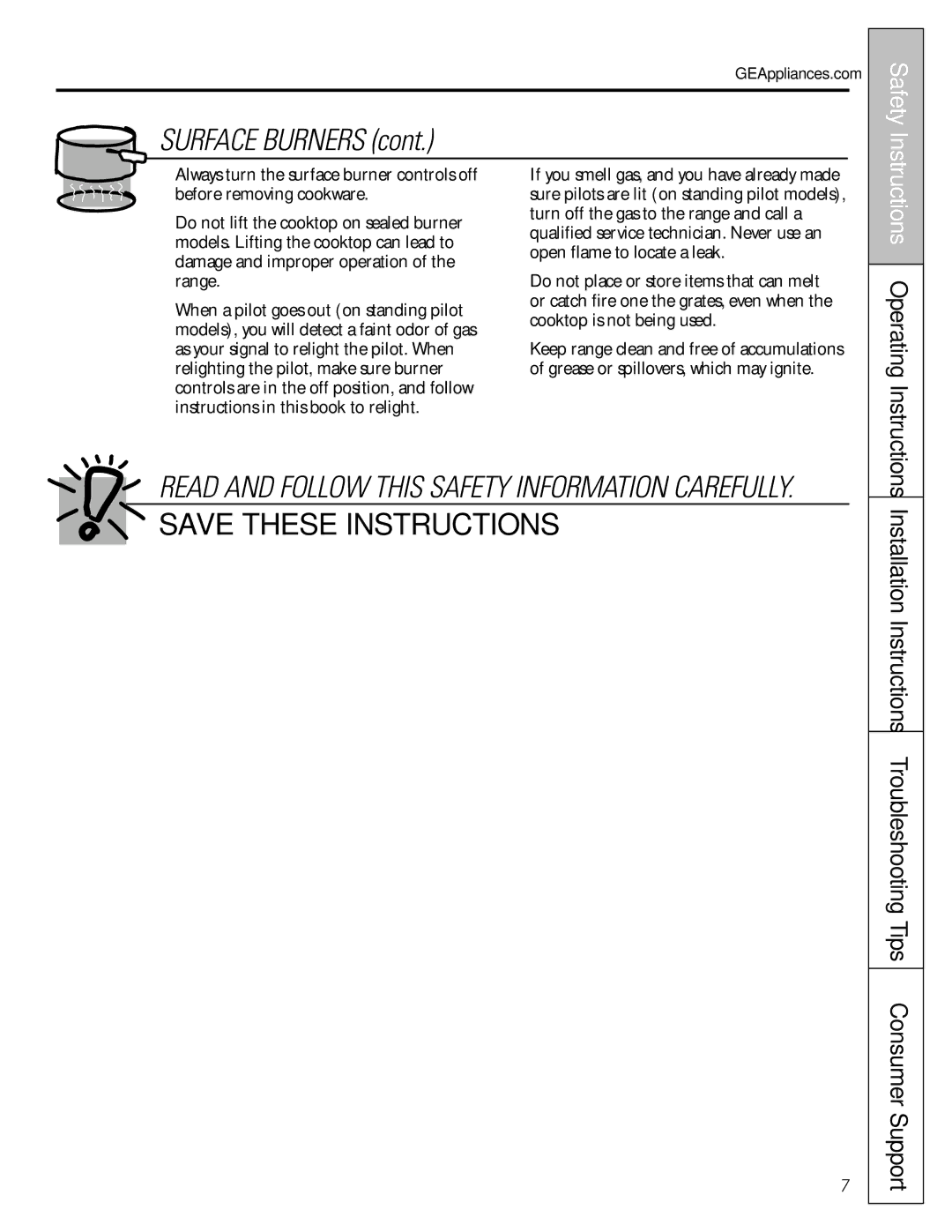 GE 183D5580P236, 49-85154 manual Surface Burners, Instructions Operating Instructions 