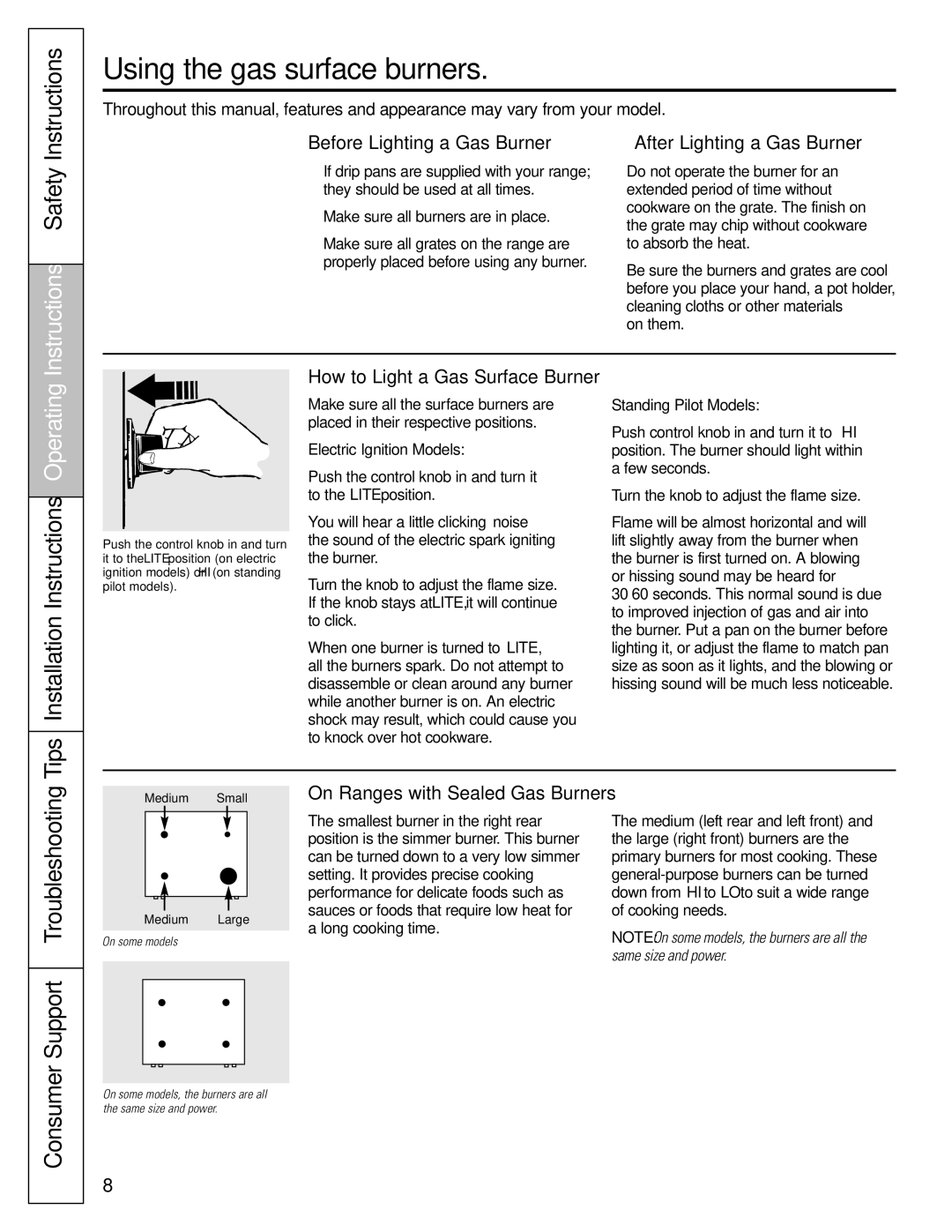 GE 49-85154 Using the gas surface burners, Support Troubleshooting, Tips Installation Instructions Operating, Consumer 