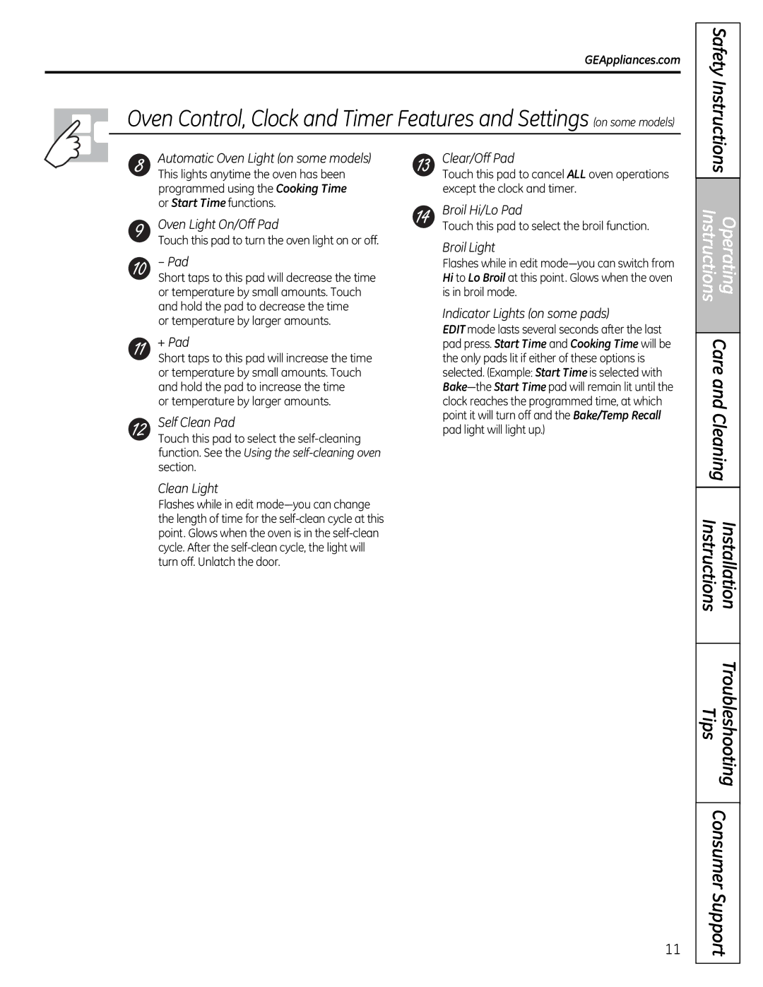 GE JGB428, 49-85179 Safety Instructions, Touch this pad to turn the oven light on or off, Or temperature by larger amounts 