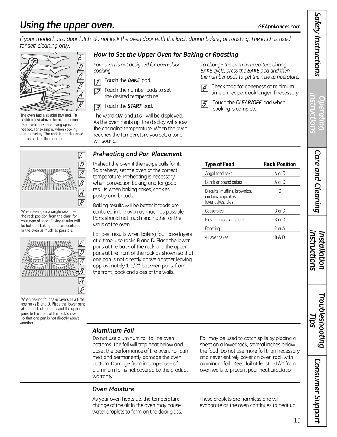 GE JGB428SERSS Using the upper oven, How to Set the Upper Oven for Baking or Roasting, Preheating and Pan Placement 