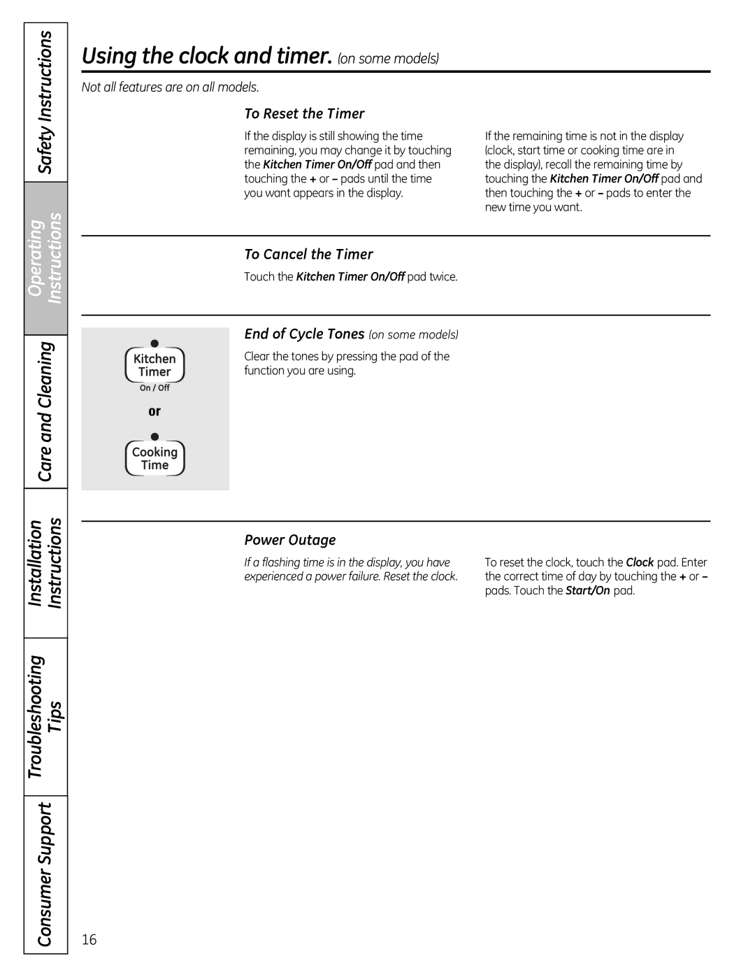 GE JGB428SERSS Operating, To Reset the Timer, To Cancel the Timer, End of Cycle Tones on some models, Power Outage 