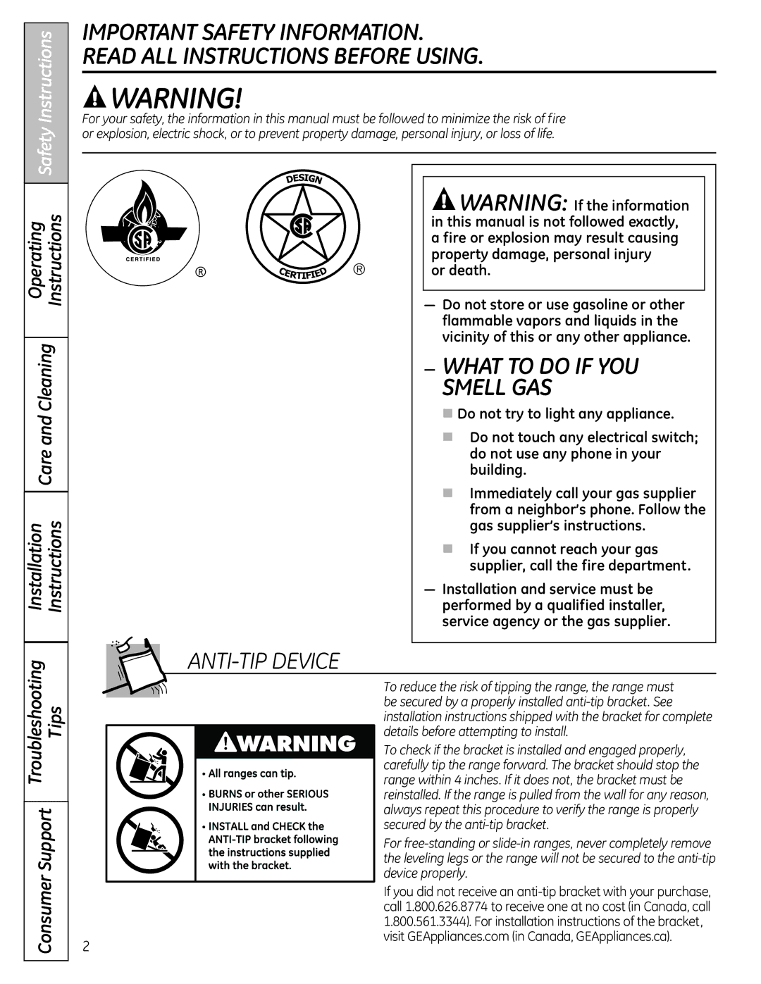 GE 49-85179, JGB428SERSS installation instructions Smell GAS, Safety Instructions 