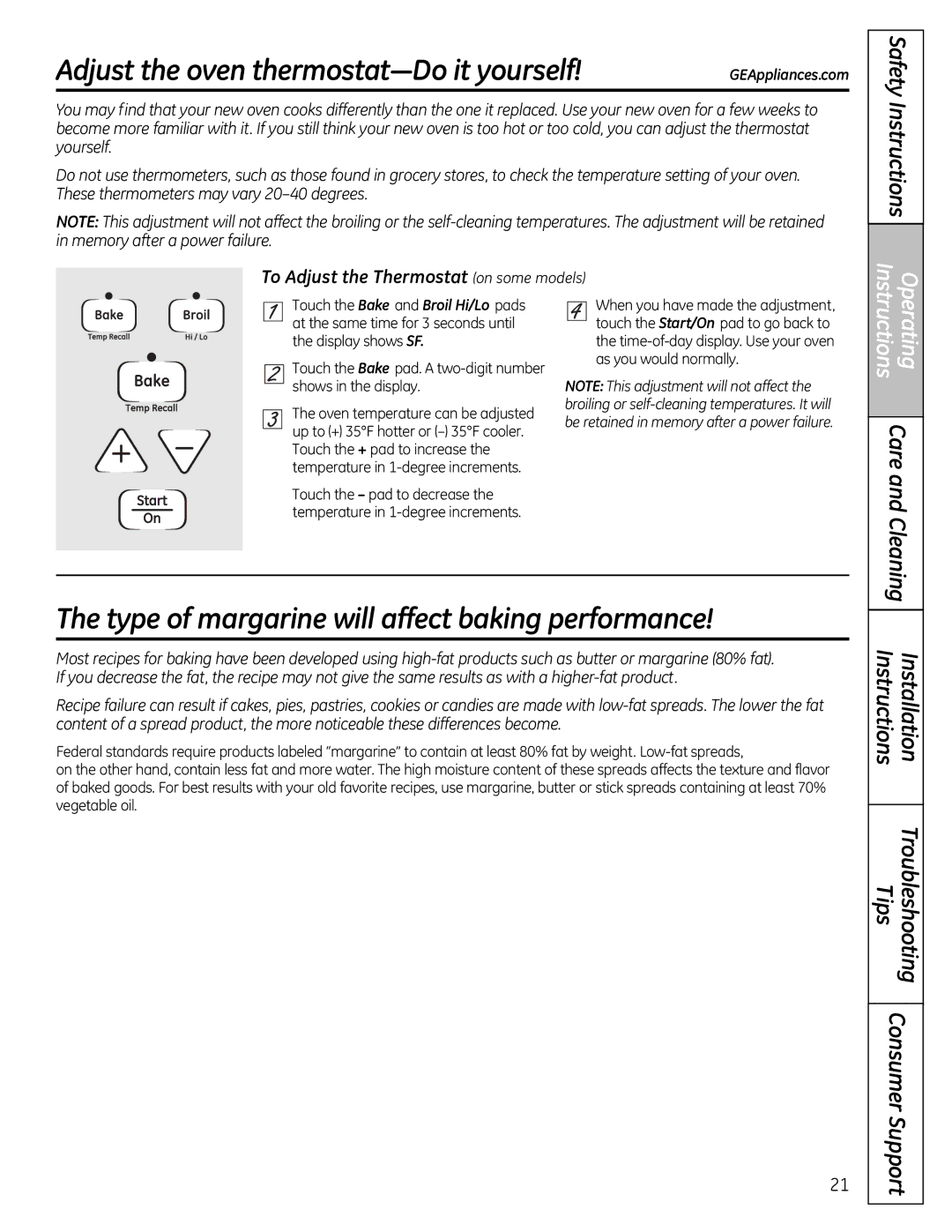 GE 49-85179, JGB428SERSS Adjust the oven thermostat-Do it yourself, Type of margarine will affect baking performance 