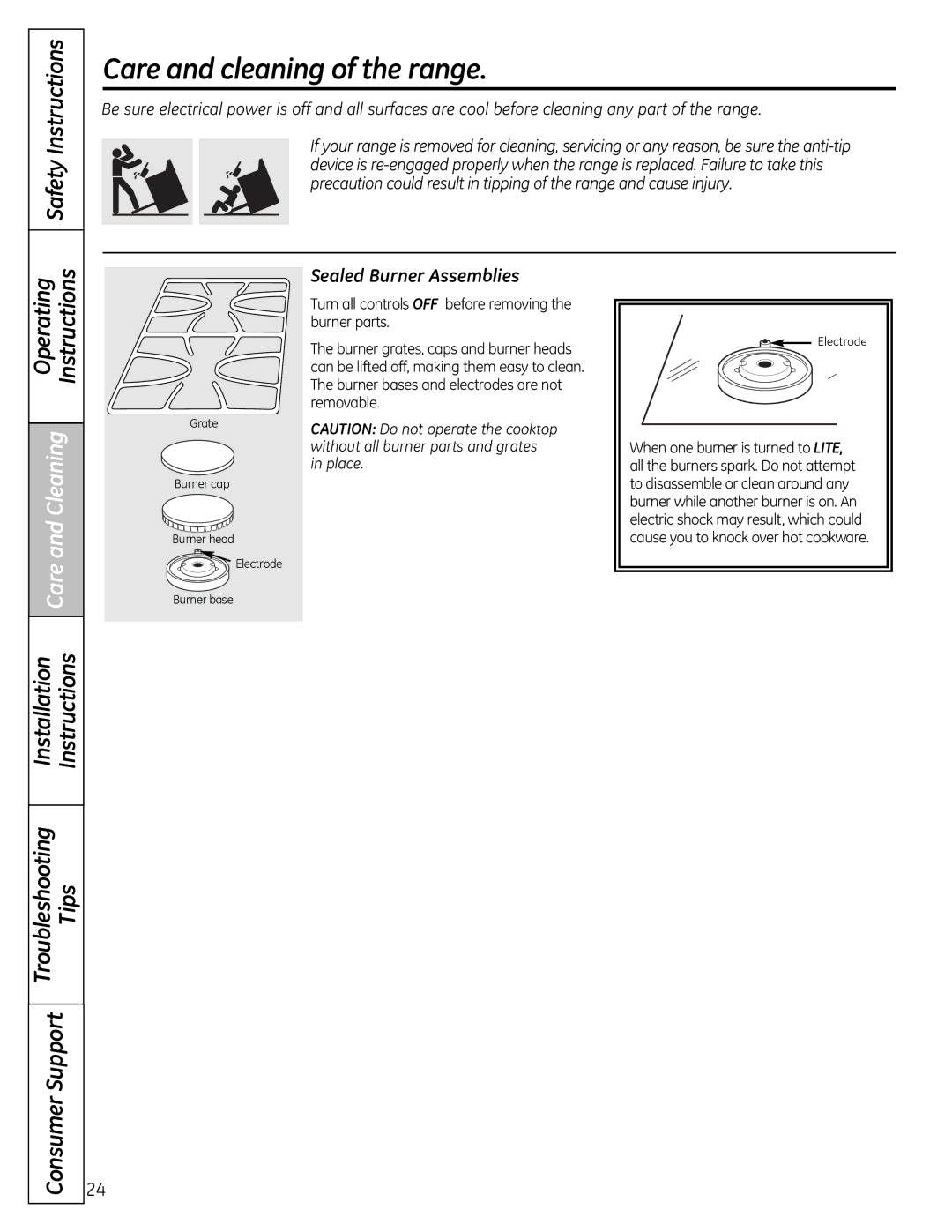 GE 49-85179, JGB428SERSS installation instructions Care and cleaning of the range, Sealed Burner Assemblies 