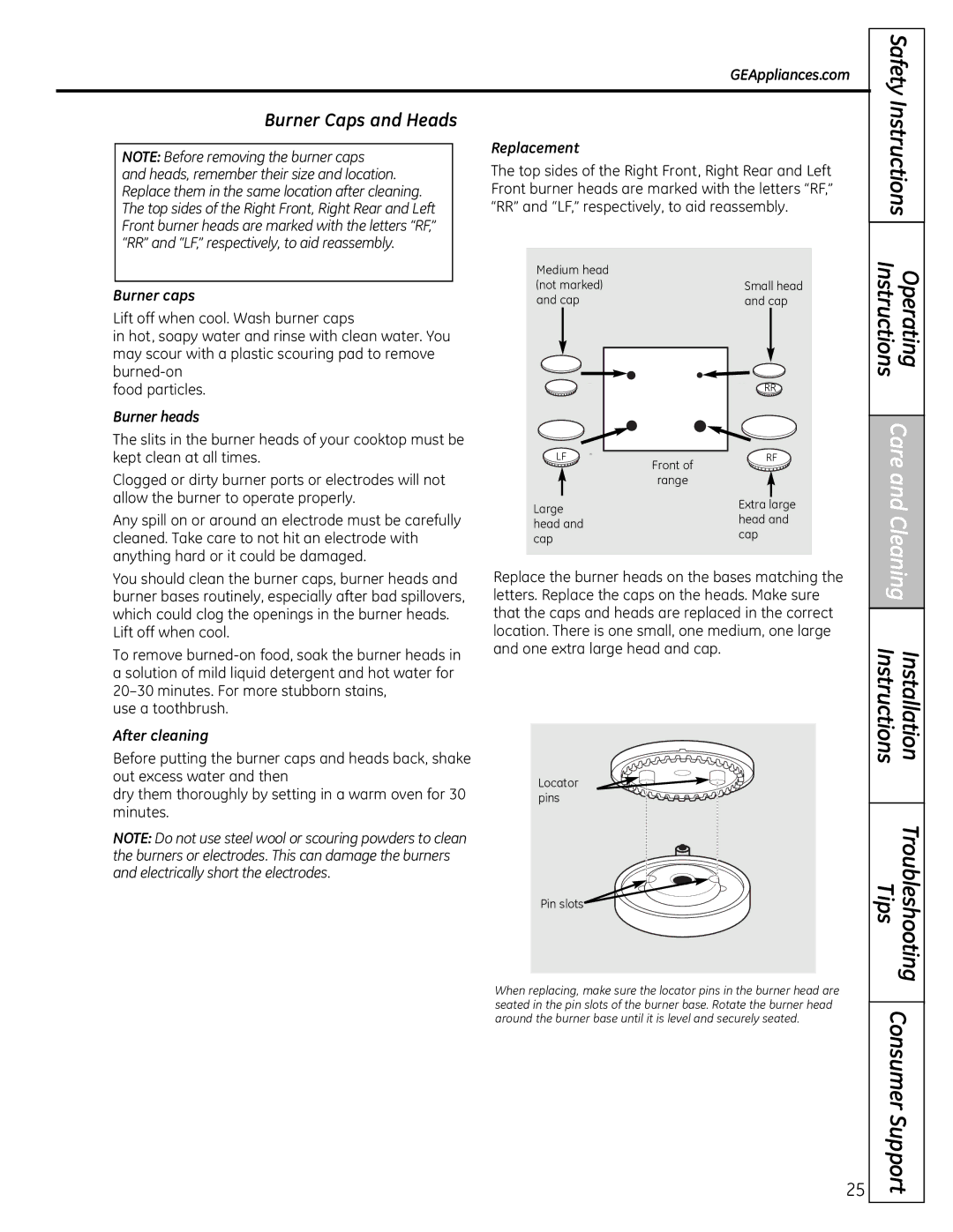 GE JGB428SERSS, 49-85179 installation instructions Care and Cleaning, Burner Caps and Heads 