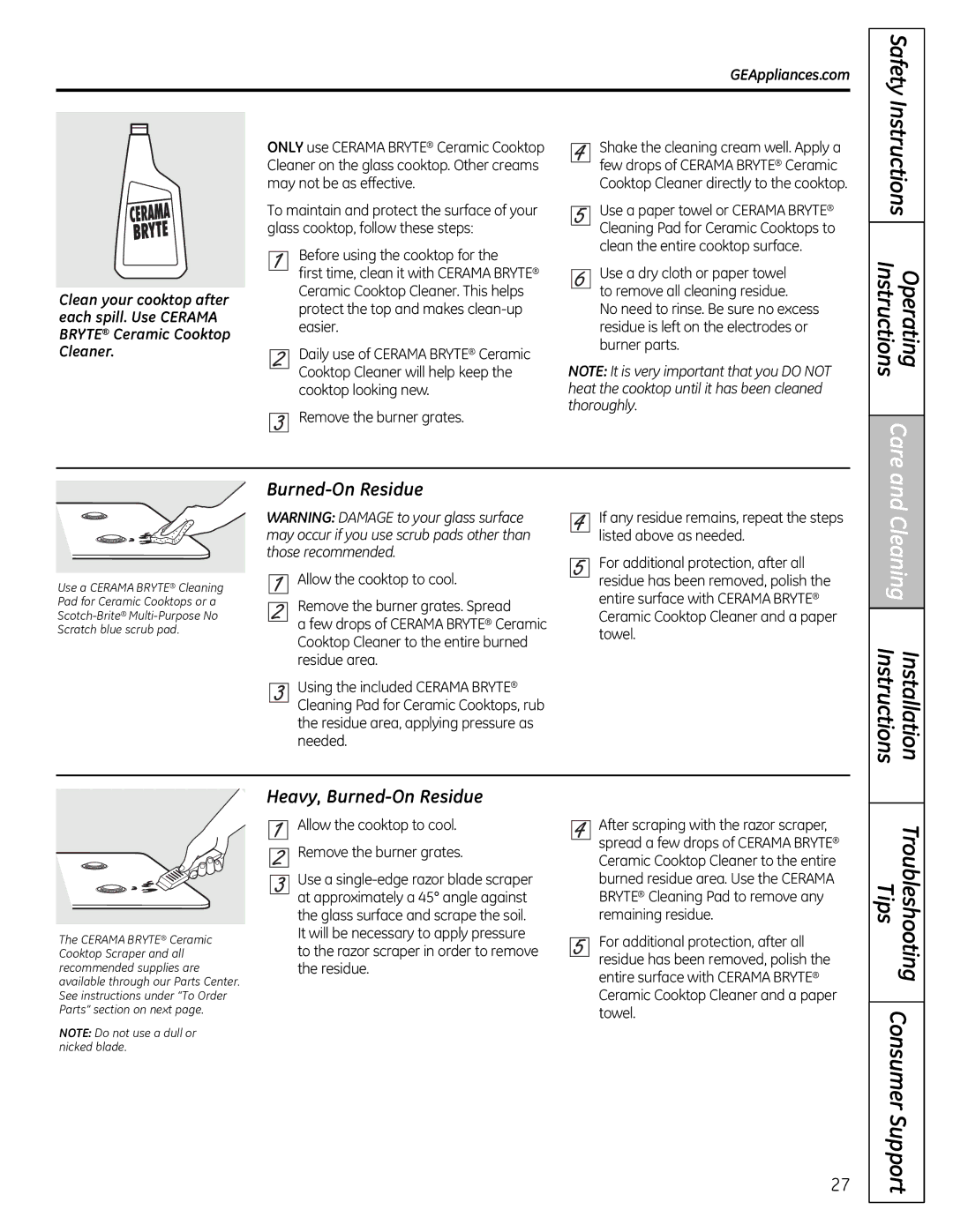 GE 49-85179, JGB428SERSS installation instructions Care, Heavy, Burned-On Residue 