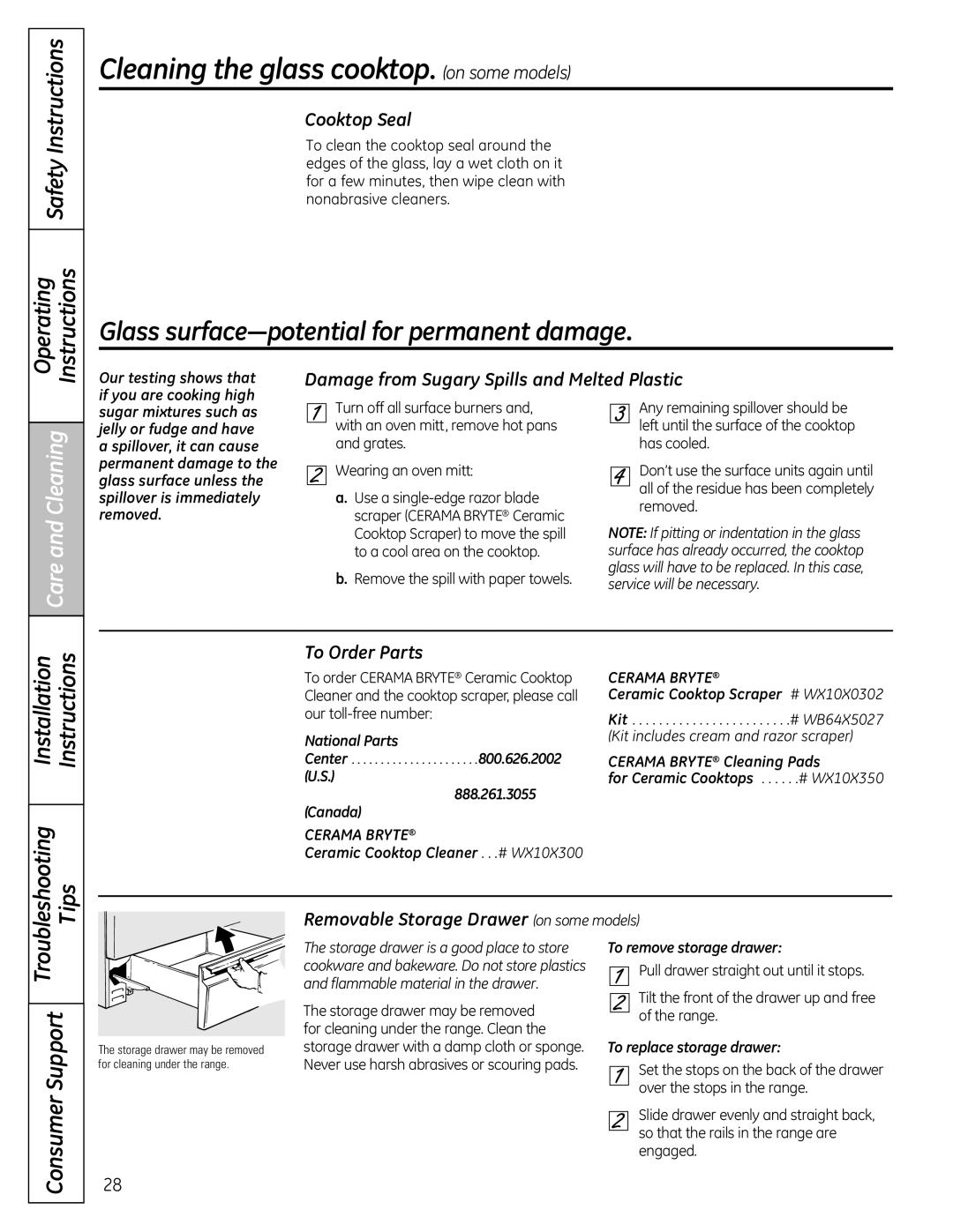 GE JGB428SERSS Cleaning the glass cooktop. on some models, Cooktop Seal, Damage from Sugary Spills and Melted Plastic 