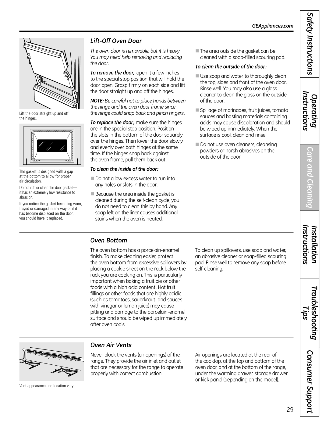 GE 49-85179, JGB428SERSS Lift-Off Oven Door, Oven Bottom, Oven Air Vents, To clean the inside of the door 