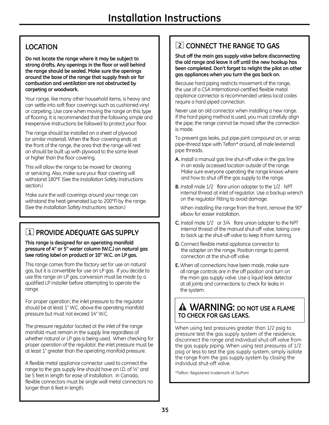 GE 49-85179, JGB428SERSS installation instructions LoCATIon, PRoVIDE ADEqUATE GAS SUPPly, ConnECT the RAnGE To GAS 