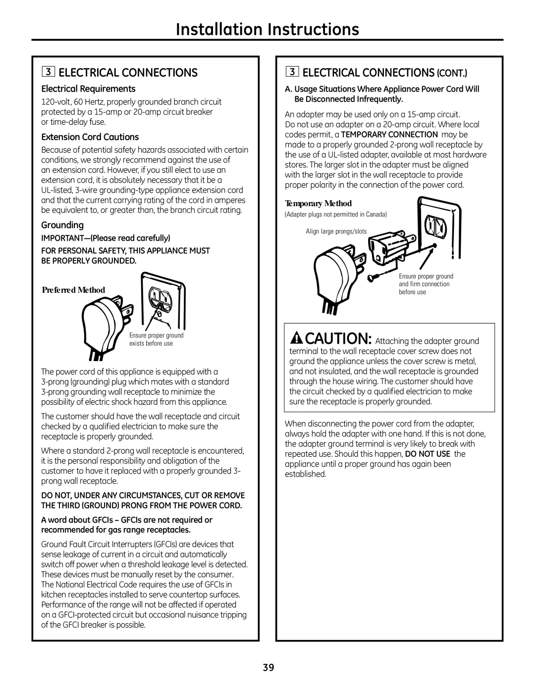 GE 49-85179, JGB428SERSS installation instructions ElECTRICAl ConnECTIonS, Power cord of this appliance is equipped with a 