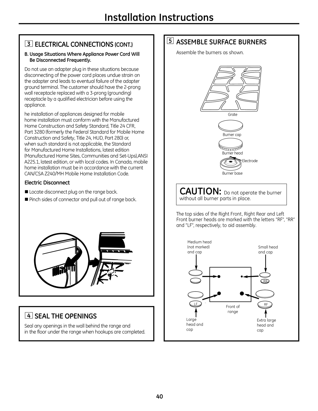 GE JGB428SERSS, 49-85179 ASSEMBlE Surface BURnERS, SEAl the oPEnInGS, Assemble the burners as shown 