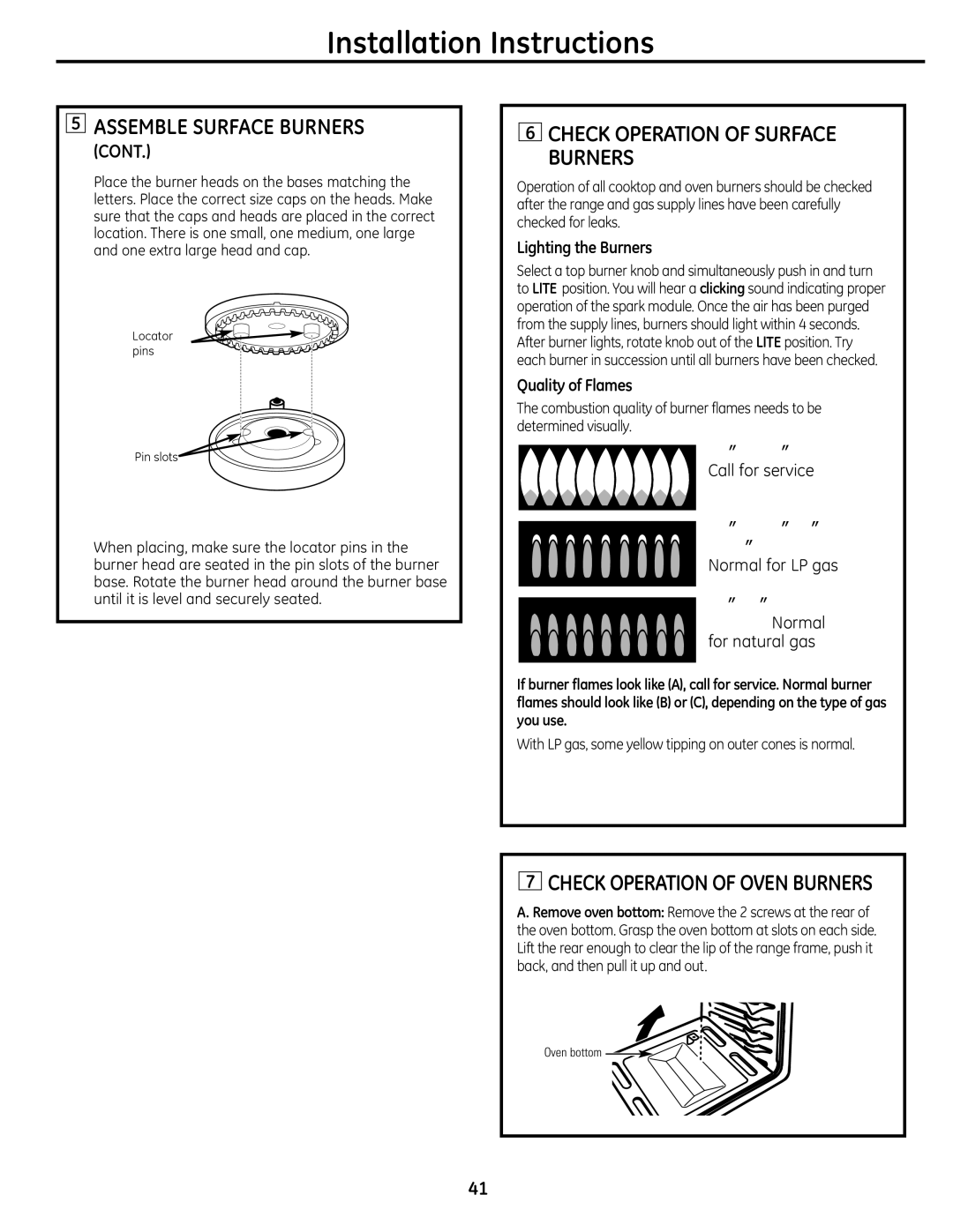 GE 49-85179, JGB428SERSS installation instructions Check oPERATIon oF Surface BURnERS, Check oPERATIon oF oVEn BURnERS 